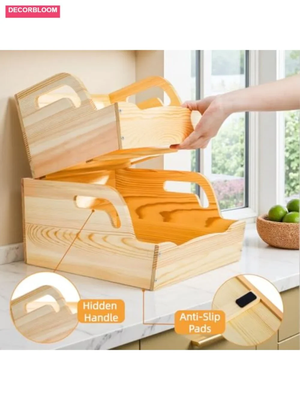Wood Potato Onion Storage Bin 3 Tier Stackable Open Front Kitchen Organizer